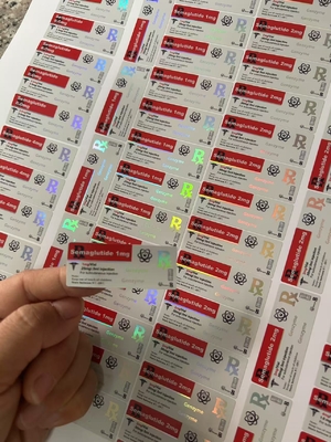 Etykiety na małe fiolki z semaglutydem 1mg 5x2cm z efektem holograficznym laserowym, na fiolki 2ml i 3ml