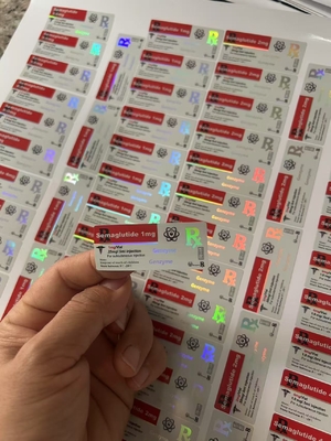 Etykiety na małe fiolki z semaglutydem 1mg 5x2cm z efektem holograficznym laserowym, na fiolki 2ml i 3ml